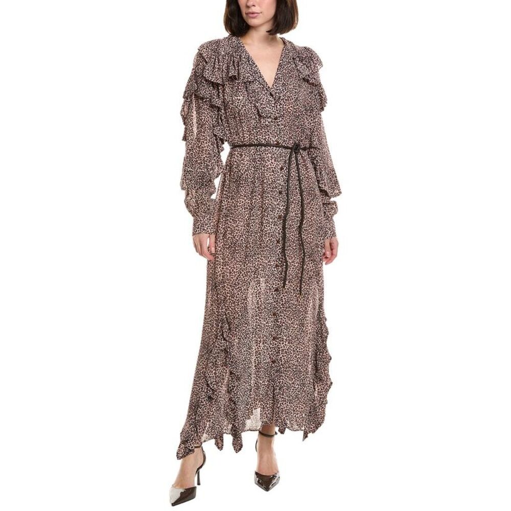 Farm Rio Womens  Baby Leopard Pink Long Sleeve Angled Frill Maxi Dress
